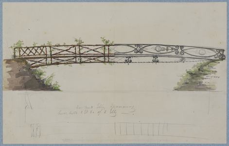 214403 Opstand van het ontwerp voor een voetgangersbrug over de Stadsbuitengracht bij het Lucasbolwerk te Utrecht; met ...